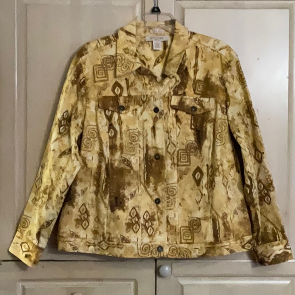 CLOTHES WOMAN STRETCH Denim Jacket Aztec Brown/yellow Button Front Boho